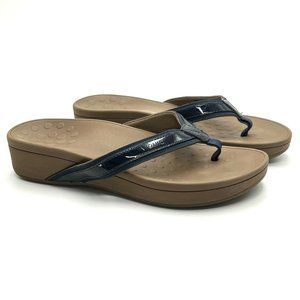Vionic Sandals Wedge High Tide Size 10 Tan & Navy Blue Orthotic Flip Flop Thong
